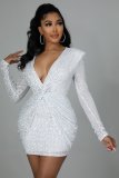Women'S Spring Fashion Sequin V-Neck Ruched Slim Fit Bodycon Dress