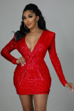 Women'S Spring Fashion Sequin V-Neck Ruched Slim Fit Bodycon Dress