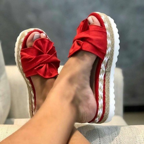 Bow Tie Beach Sandals Platform Wedge Hemp Rope Plus Size Women's Shoes