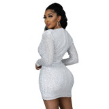 Women'S Spring Fashion Sequin V-Neck Ruched Slim Fit Bodycon Dress