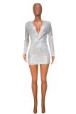 Women'S Spring Fashion Sequin V-Neck Ruched Slim Fit Bodycon Dress