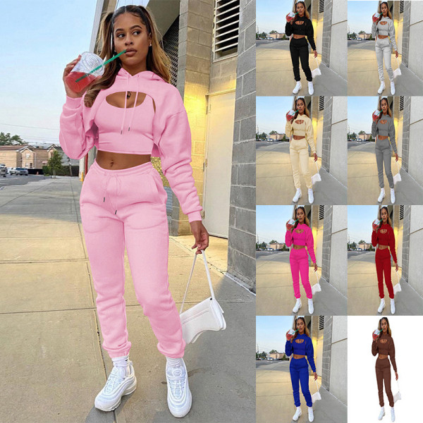 Women's Fashion Fleece Drawstring Solid Hoodies Long Sleeve Drawstring Pant Tank Top Three-Piece Outfit