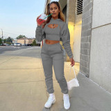 Women's Fashion Fleece Drawstring Solid Hoodies Long Sleeve Drawstring Pant Tank Top Three-Piece Outfit