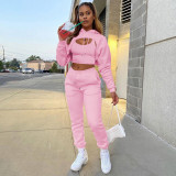 Women's Fashion Fleece Drawstring Solid Hoodies Long Sleeve Drawstring Pant Tank Top Three-Piece Outfit