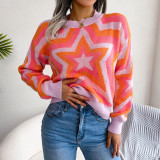 Women Autumn and Winter Contrast Color Star Long Sleeve Sweater