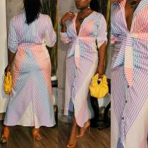Women Striped Color blocking Long Sleeve Shirt Dress