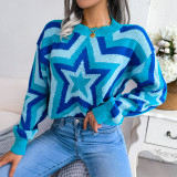 Women Autumn and Winter Contrast Color Star Long Sleeve Sweater