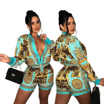 Women Casual Vintage Printed Long Sleeve Top + Shorts Two Piece Set