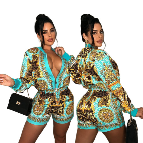 Women Casual Vintage Printed Long Sleeve Top + Shorts Two Piece Set