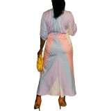 Women Striped Color blocking Long Sleeve Shirt Dress
