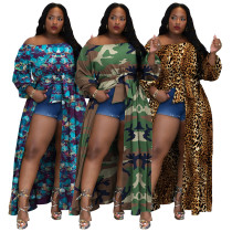 Women Sexy Long Sleeve Tie Slit Print Dress
