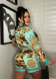 Women Casual Vintage Printed Long Sleeve Top + Shorts Two Piece Set