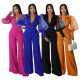 V Neck Mesh Puff Sleeve Chic Style Women'S Loose Bell Bottom Jumpsuit