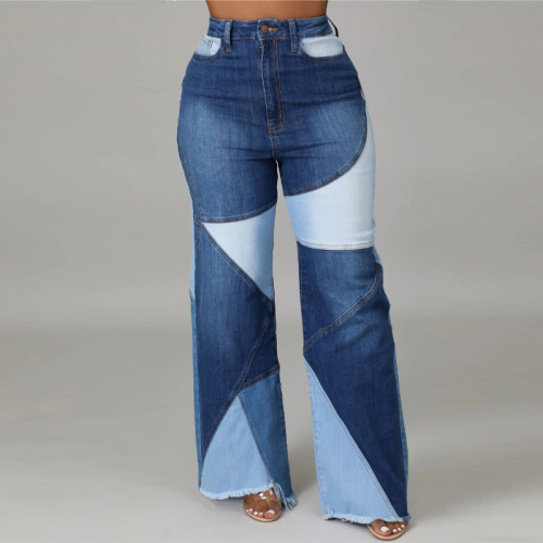 Women Colorblock Denim Pants High Waist Jeans