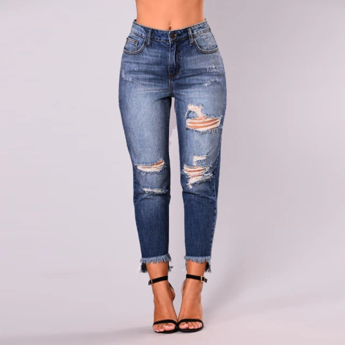 Women Fall Fashion Ripped Ninth Denim Pants Stylish High Waist Jeans