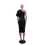 Solid Sequin Slash Shoulder Sexy Women'S Irrgular Party Dress