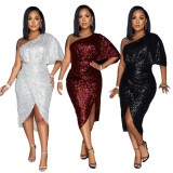 Solid Sequin Slash Shoulder Sexy Women'S Irrgular Party Dress