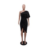 Solid Sequin Slash Shoulder Sexy Women'S Irrgular Party Dress