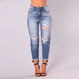 Women Fall Fashion Ripped Ninth Denim Pants Stylish High Waist Jeans
