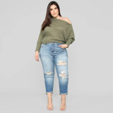 Women Fall Fashion Ripped Ninth Denim Pants Stylish High Waist Jeans
