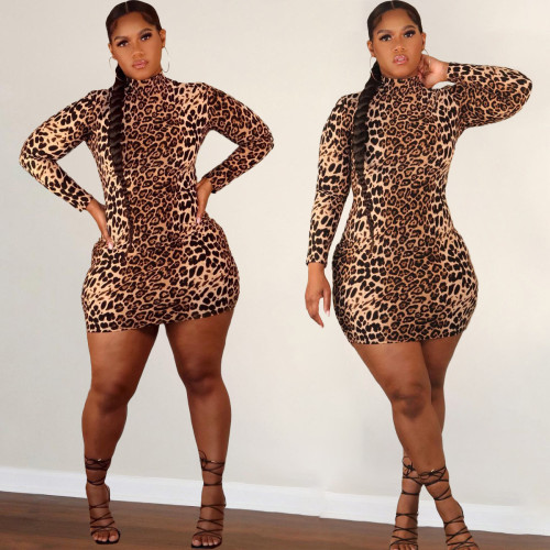 Plus Size Women's Early Fall Leopard Bodycon Dress