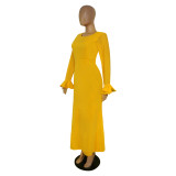 Women's Round Neck Long Sleeve Mesh Patchwork Maxi Dress Solid Plus Size Dress