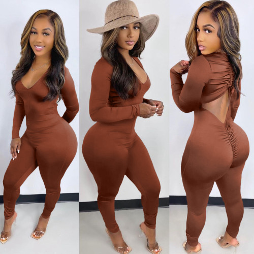 Women's Back Drawstring Scrunch Butt Sexy Jumpsuit