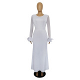 Women's Round Neck Long Sleeve Mesh Patchwork Maxi Dress Solid Plus Size Dress