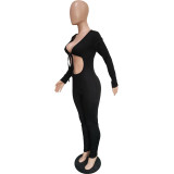 Women's Autumn Solid Color Lace-up Cutout Jumpsuit