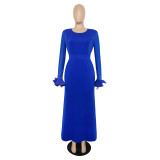 Women's Round Neck Long Sleeve Mesh Patchwork Maxi Dress Solid Plus Size Dress