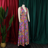 Plus Size Women African Print Halter Neck Beach Jumpsuit