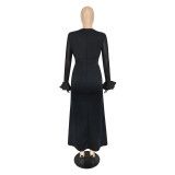 Women's Round Neck Long Sleeve Mesh Patchwork Maxi Dress Solid Plus Size Dress