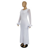 Women's Round Neck Long Sleeve Mesh Patchwork Maxi Dress Solid Plus Size Dress