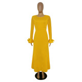 Women's Round Neck Long Sleeve Mesh Patchwork Maxi Dress Solid Plus Size Dress