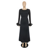 Women's Round Neck Long Sleeve Mesh Patchwork Maxi Dress Solid Plus Size Dress