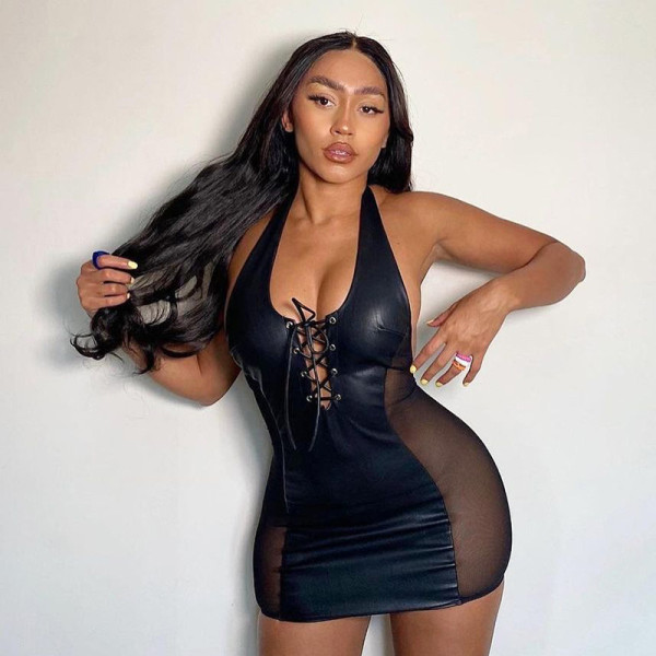 Sexy Women's Patent Leather Halter Neck Low Back Bodycon Dress with Panties