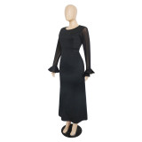 Women's Round Neck Long Sleeve Mesh Patchwork Maxi Dress Solid Plus Size Dress