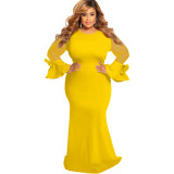 Women's Round Neck Long Sleeve Mesh Patchwork Maxi Dress Solid Plus Size Dress