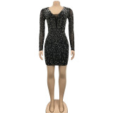 Women Sexy Beaded V-Neck Long Sleeve Mesh See-Through Bodycon Dress（customized,MOQ 6pcs/size/color,process time 7-10 days）