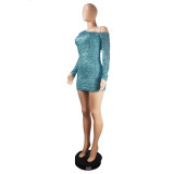 Women Slash Shoulder Off Shoulder Long Sleeve Sequined Bodycon Dress