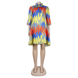 Women Casual Printed Deep v Turndown Collar Dress