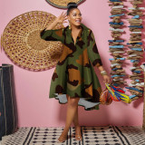 Women Casual Printed Deep v Turndown Collar Dress