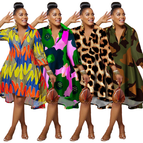 Women Casual Printed Deep v Turndown Collar Dress