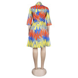 Women Casual Printed Deep v Turndown Collar Dress