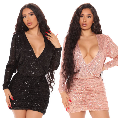 Women Sexy Sequin Long Sleeve Deep V Mini Bodycon Dress