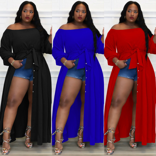 Plus Size Women Long Sleeve Pocket Button Slit Dress