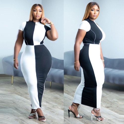 Plus Size Women Black and White Colorblock Short Sleeve Top+Skirt Two-piece Set