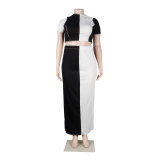 Plus Size Women Black and White Colorblock Short Sleeve Top+Skirt Two-piece Set
