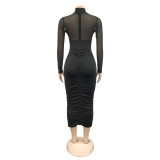 Women Mesh Long Sleeve Solid Cut Out Bodycon Dress
