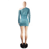 Women Slash Shoulder Off Shoulder Long Sleeve Sequined Bodycon Dress